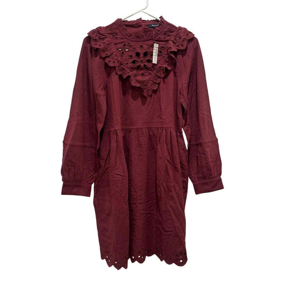 NEW $148 Madewell Eyelet Ruffle Mini Dress Sz XXS Burgundy Long Sleeve